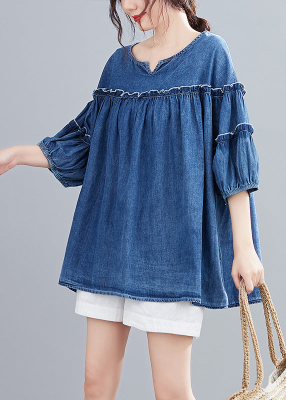 Novelty Denim Blue O-Neck Ruffled Patchwork Silk Cotton Top Half Sleeve