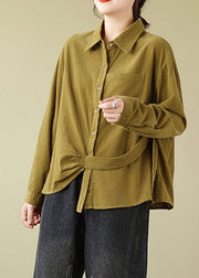 Novelty Ginger Peter Pan Collar Pockets Corduroy Shirt Long Sleeve