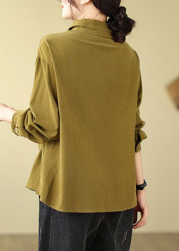 Novelty Ginger Peter Pan Collar Pockets Corduroy Shirt Long Sleeve