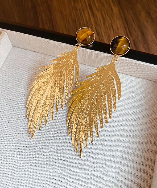 Novelty Gold Copper Zircon Tiger Eye Stone Leaf Drop Earrings