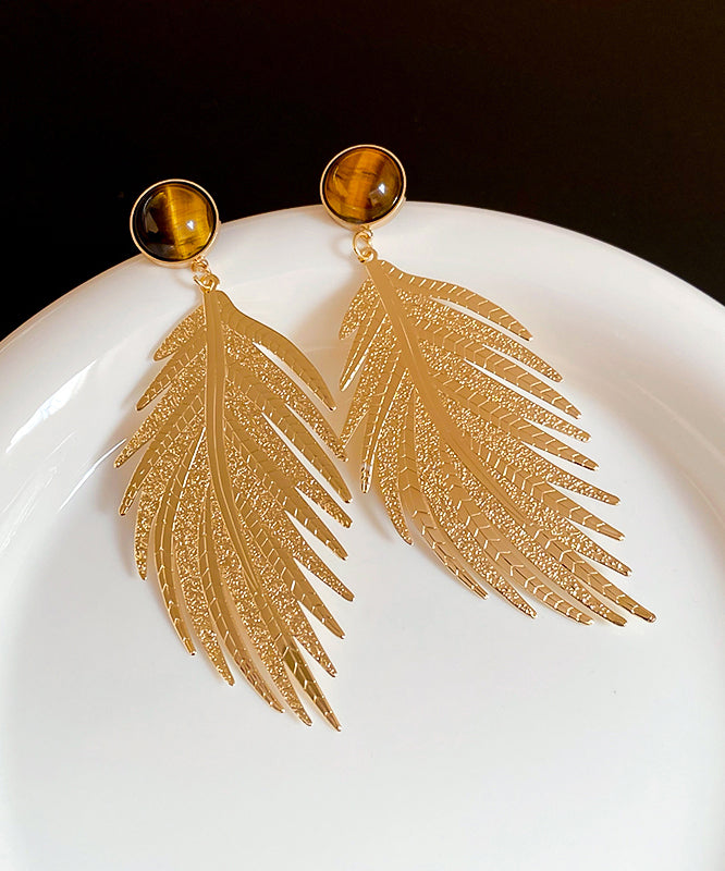 Novelty Gold Copper Zircon Tiger Eye Stone Leaf Drop Earrings