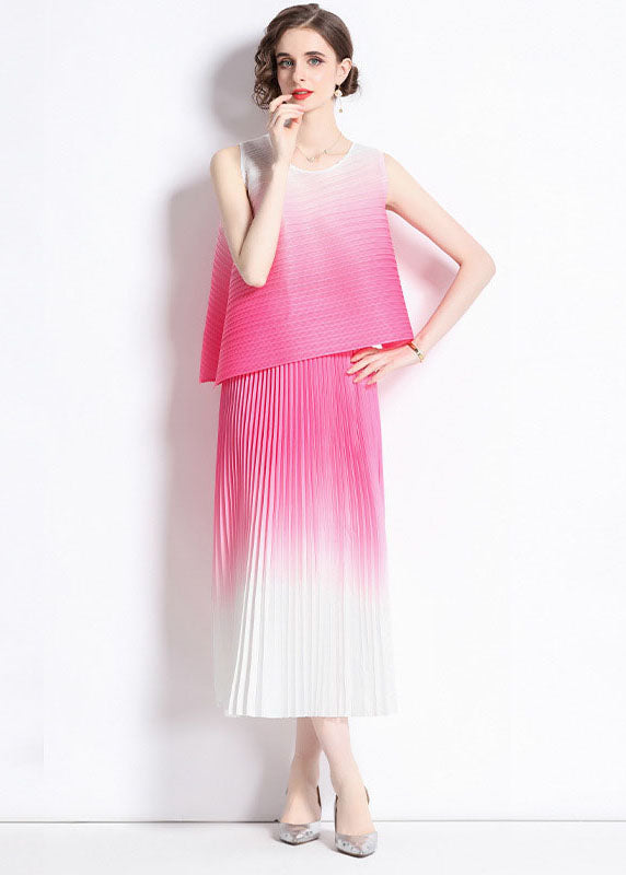 Novelty Gradient Color O Neck Wrinkled Patchwork Chiffon 2 Piece Outfit Summer