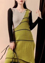 Novelty Green Asymmetrical Side Open Patchwork Knit Knitted Dress Winter