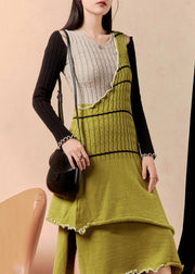 Novelty Green Asymmetrical Side Open Patchwork Knit Knitted Dress Winter