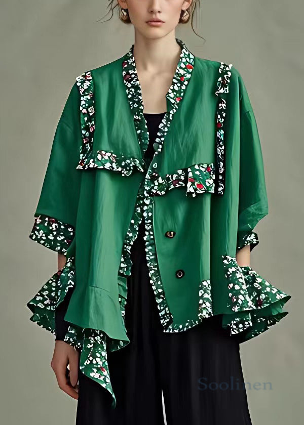 Novelty Green Button Print Patchwork Cotton Coats Half Sleeve