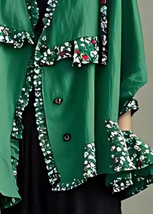 Novelty Green Button Print Patchwork Cotton Coats Half Sleeve