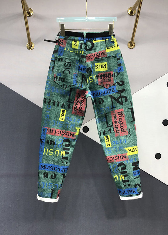 Novelty Green Graphic Pockets Patchwork Denim Pants Fall