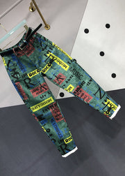 Novelty Green Graphic Pockets Patchwork Denim Pants Fall