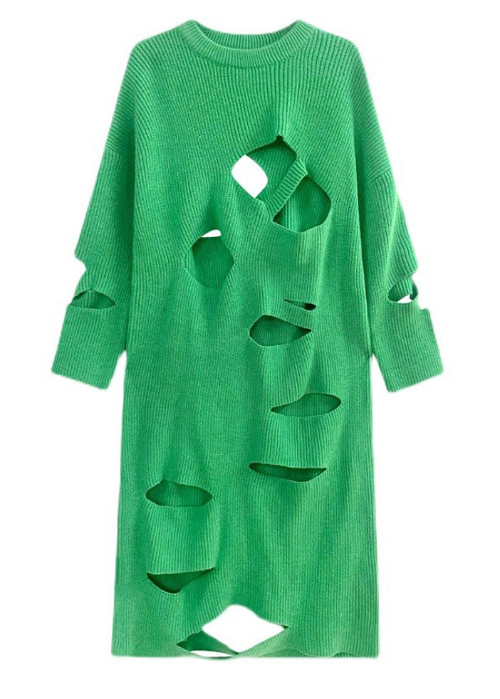 Novelty Green O-Neck cozy Knit Sweater Dress Spring