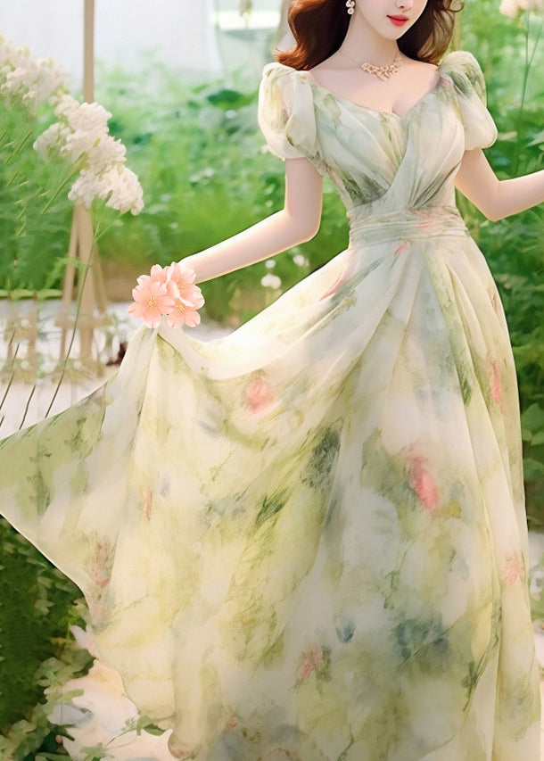 Novelty Green Print High Waist Chiffon Long Dresses Summer