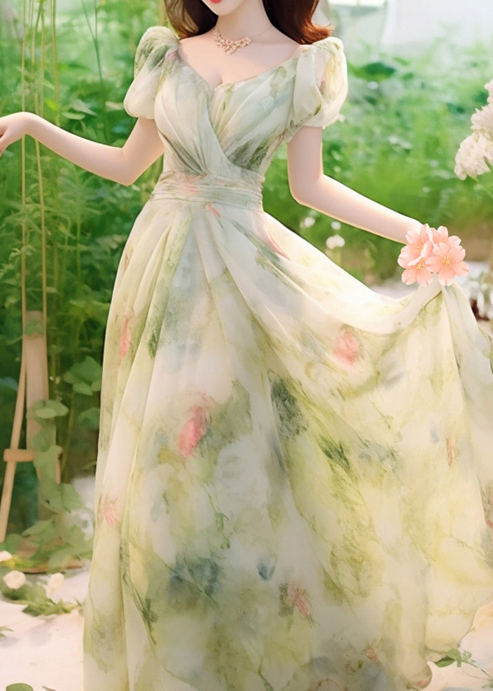 Novelty Green Print High Waist Chiffon Long Dresses Summer