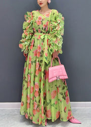 Novelty Green Ruffled Print Chiffon Dresses Long Sleeve