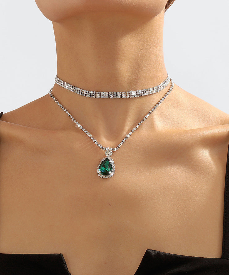 Novelty Green Stainless Steel Zircon Gem Stone Pendant Necklace