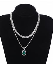 Novelty Green Stainless Steel Zircon Gem Stone Pendant Necklace