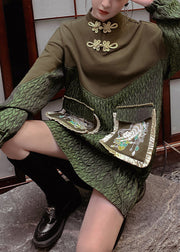 Novelty Green Stand Collar Embroideried Drawstring Patchwork Button Mid Dress Spring