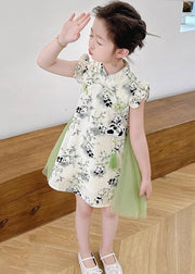 Novelty Green Stand Collar Print Tulle Patchwork Girls Dress Summer