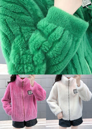 Novelty Green Stand Collar Zippered Faux Fur Coats Winter