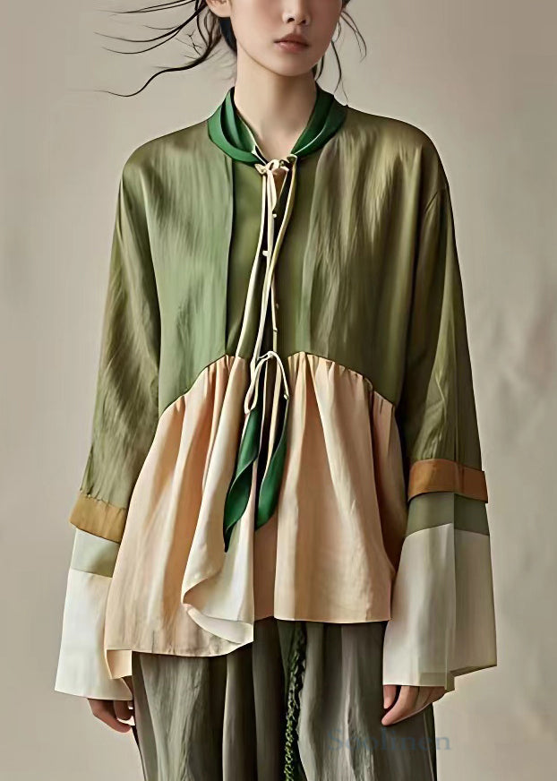 Novelty Green Tasseled Patchwork Cotton Blouses Fall