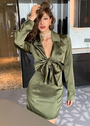 Novelty Green V Neck Lace Up Silk Mid Dress Long Sleeve