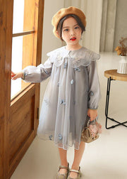 Novelty Grey Butterfly Embroideried Tulle Girls Long Dress Long Sleeve