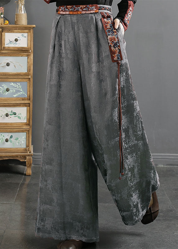 Novelty Grey Embroidered Patchwork Pockets Tassel High Waist Silk Wide Leg Pants Fall