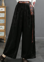 Novelty Grey Embroidered Patchwork Pockets Tassel High Waist Silk Wide Leg Pants Fall