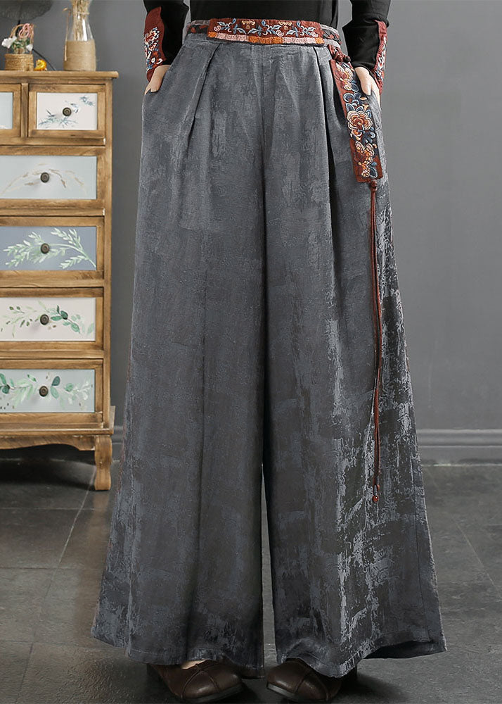 Novelty Grey Embroidered Patchwork Pockets Tassel High Waist Silk Wide Leg Pants Fall