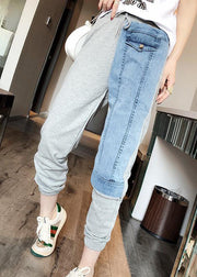 Novelty Grey Patchwork Elastic Waist Tie Waist Beam Pants