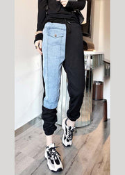 Novelty Grey Patchwork Elastic Waist Tie Waist Beam Pants