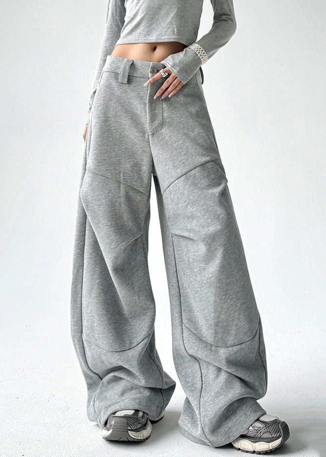 Novelty Grey Wrinkled Patchwork Tie Waist Trousers Spring