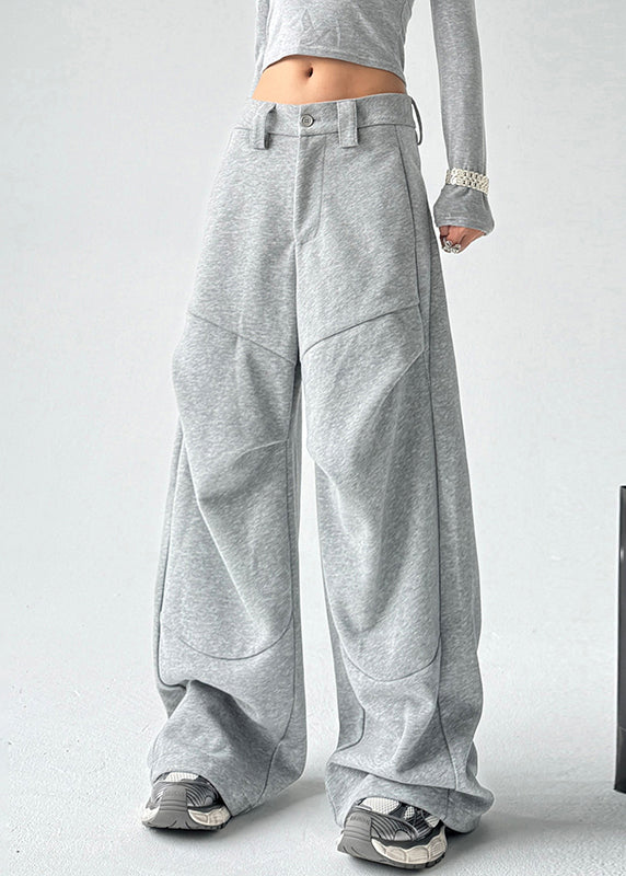 Novelty Grey Wrinkled Patchwork Tie Waist Trousers Spring