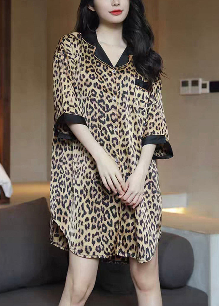 Novelty Leopard Peter Pan Collar Button Pajamas Shirts Dress Half Sleeve