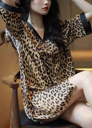 Novelty Leopard Peter Pan Collar Button Pajamas Shirts Dress Half Sleeve