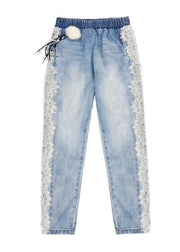 Novelty Light Blue Lace Patchwork Elastic Waist Harem Jeans