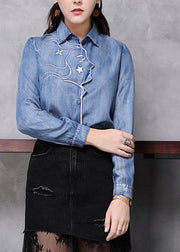 Novelty Light Blue Peter Pan Collar Asymmetrical Patchwork Low High Design Denim Shirt Long Sleeve