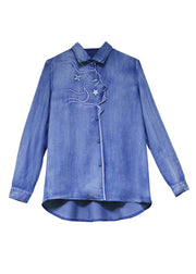 Novelty Light Blue Peter Pan Collar Asymmetrical Patchwork Low High Design Denim Shirt Long Sleeve