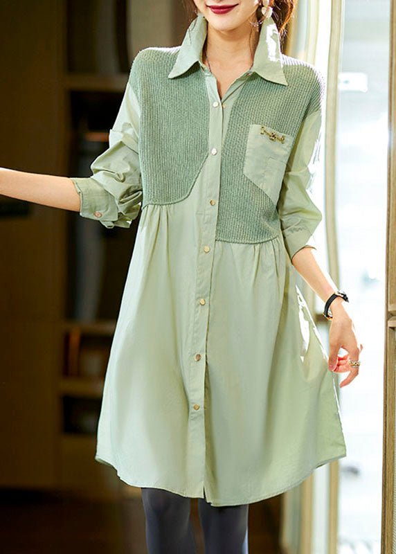 Novelty Mint Green Peter Pan Collar Knit Patchwork Button Shirts Long Sleeve