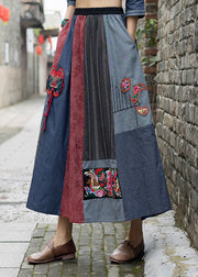 Novelty Navy Blue Print Patchwork Embroideried Floral Tassel High Waist Maxi Skirts