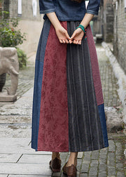 Novelty Navy Blue Print Patchwork Embroideried Floral Tassel High Waist Maxi Skirts