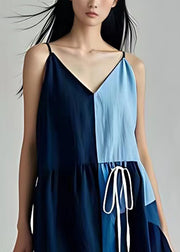 Novelty Navy V Neck Lace Up Cotton Spaghetti Strap Dress Sleeveless