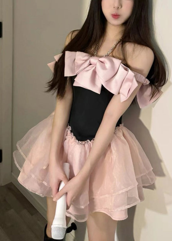 Novelty Pink Bow Zircon Tulle Patchwork Mid Dress Summer
