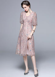 Novelty Pink Embroideried Sequins Patchwork Tulle Dress Puff Sleeve