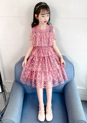 Novelty Pink O-Neck Ruffled Patchwork Floral Girls Long Dresses Short Sleeve