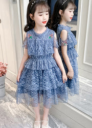 Novelty Pink O-Neck Ruffled Patchwork Floral Girls Long Dresses Short Sleeve