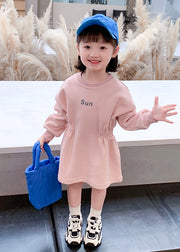 Novelty Pink O-Neck Wrinkled Kids Long Dresses Spring