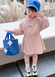 Novelty Pink O-Neck Wrinkled Kids Long Dresses Spring