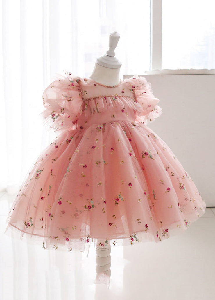 Novelty Pink Ruffled Embroideried Floral Tulle Girls Long Dress Puff Sleeve