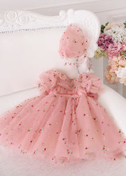 Novelty Pink Ruffled Embroideried Floral Tulle Girls Long Dress Puff Sleeve