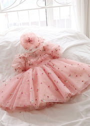 Novelty Pink Ruffled Embroideried Floral Tulle Girls Long Dress Puff Sleeve