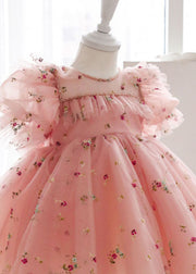 Novelty Pink Ruffled Embroideried Floral Tulle Girls Long Dress Puff Sleeve